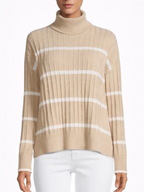 Calvin Klein Beige White Striped Turtleneck Sweater Ribbed Cozy Size L